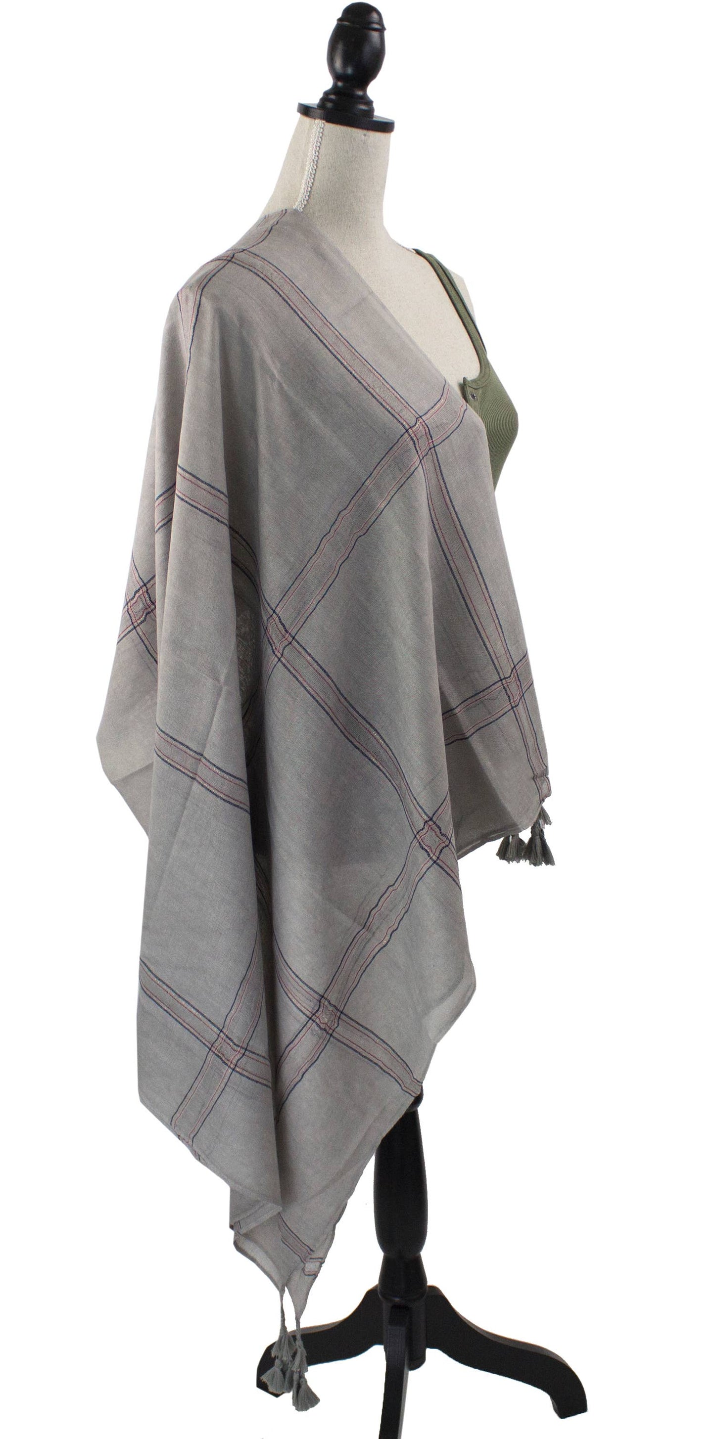 Plaid Garment Dye Cotton Wrap Scarf with Tassel: Ivory