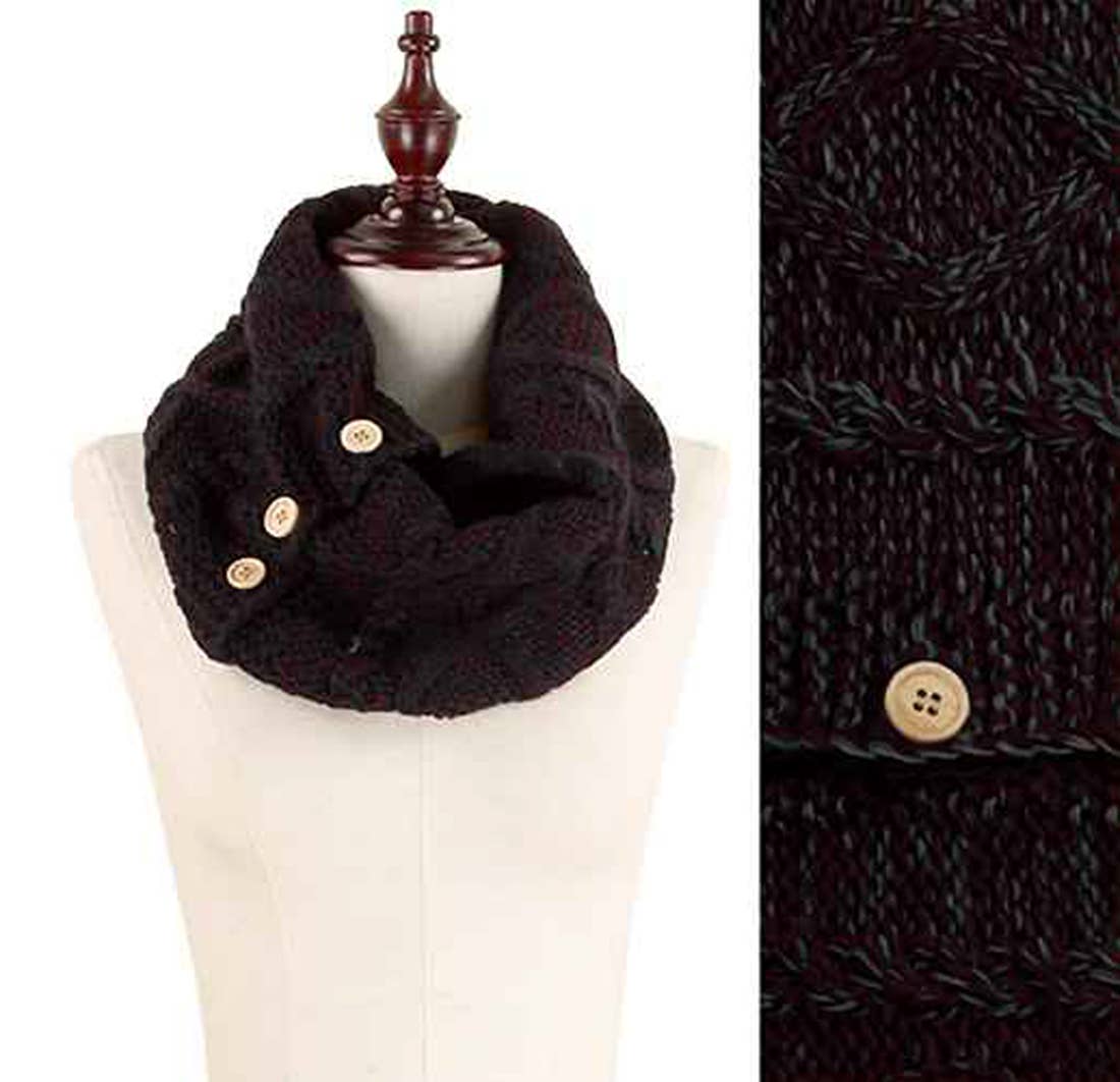 Diamond Cable Cozy Knit Tube with Buttons: Black
