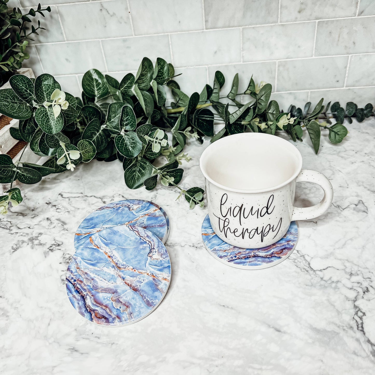 Blue Ceramic Coasters, Watercolor & Marble Like Coasters