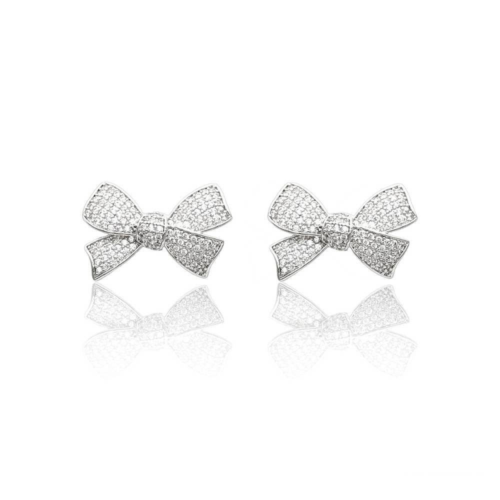 Gold Dipped CZ Stone Paved Bow Stud Earrings: Yellow Gold