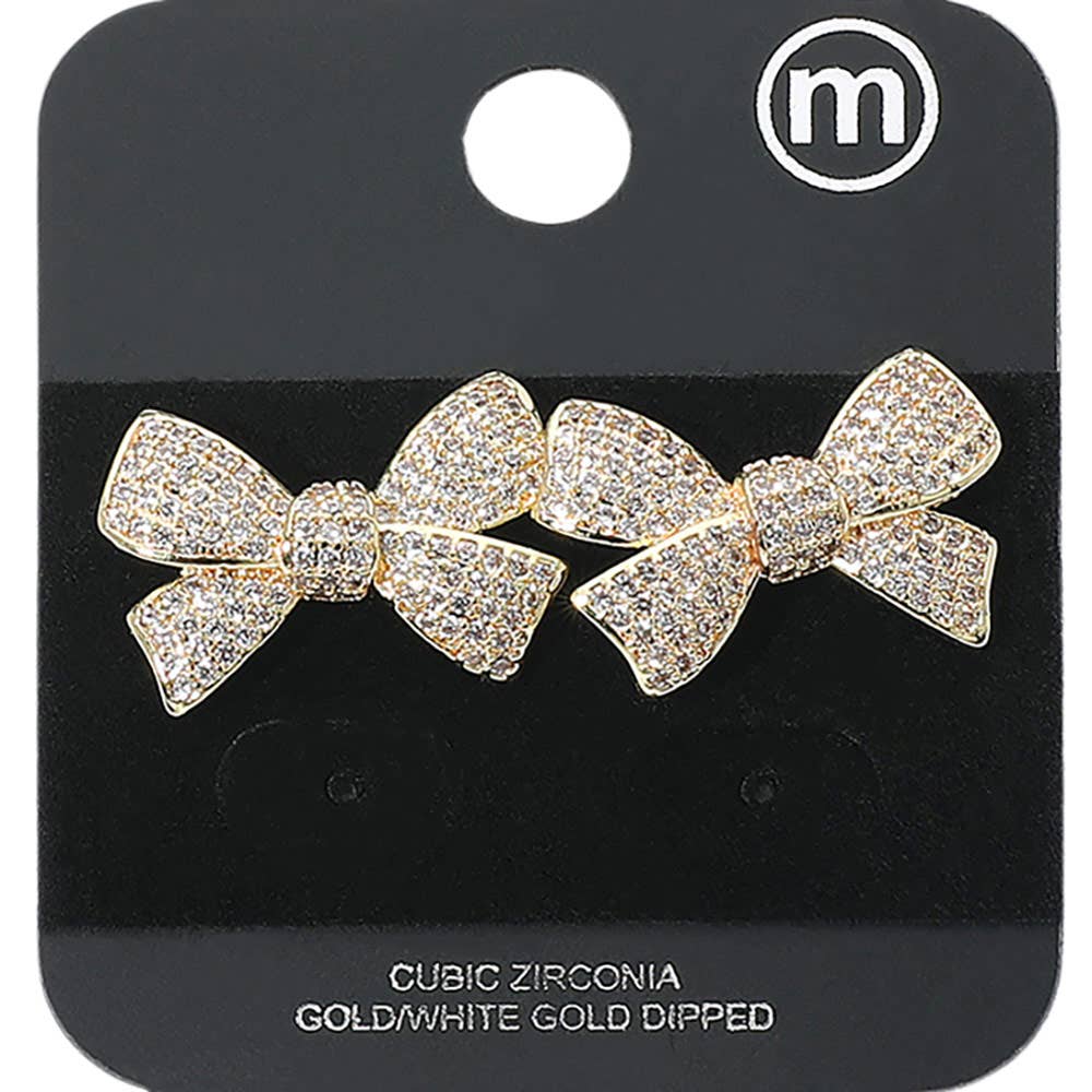 Gold Dipped CZ Stone Paved Bow Stud Earrings: Yellow Gold