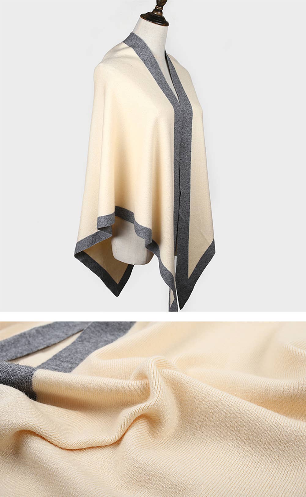 Contrast Border Knit Cashmere Blend Triangular Shawl Wrap: Black