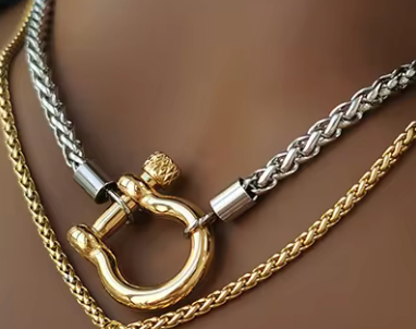 Carabiner horse Bit- Charm-Wheat Chain Stainless Necklace: Two Tone