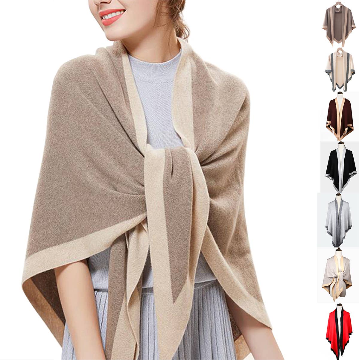 Contrast Border Knit Cashmere Blend Triangular Shawl Wrap: Black