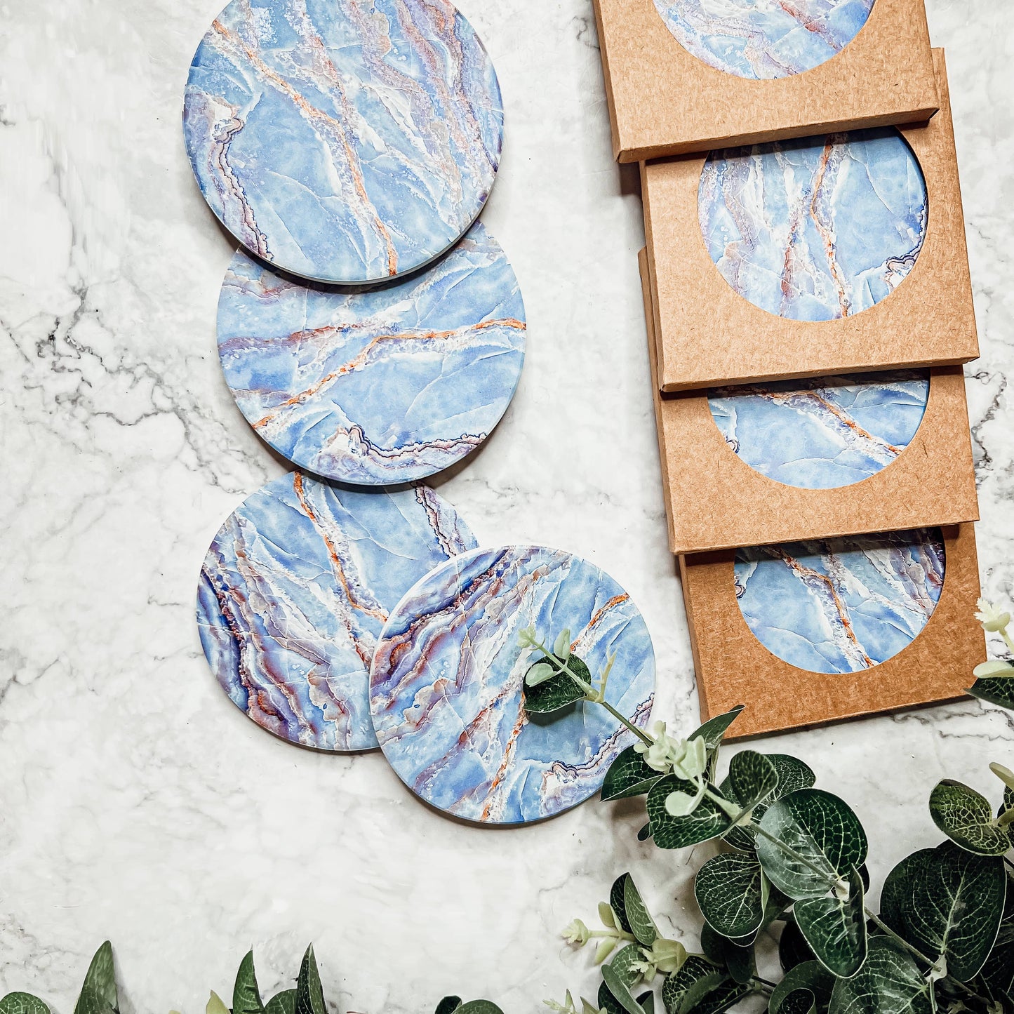 Blue Ceramic Coasters, Watercolor & Marble Like Coasters