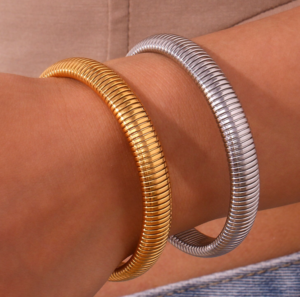 Omega Stretch Bangle Bracelets- Coil Stainless Steel Stretch: Yellow Gold / 12mm