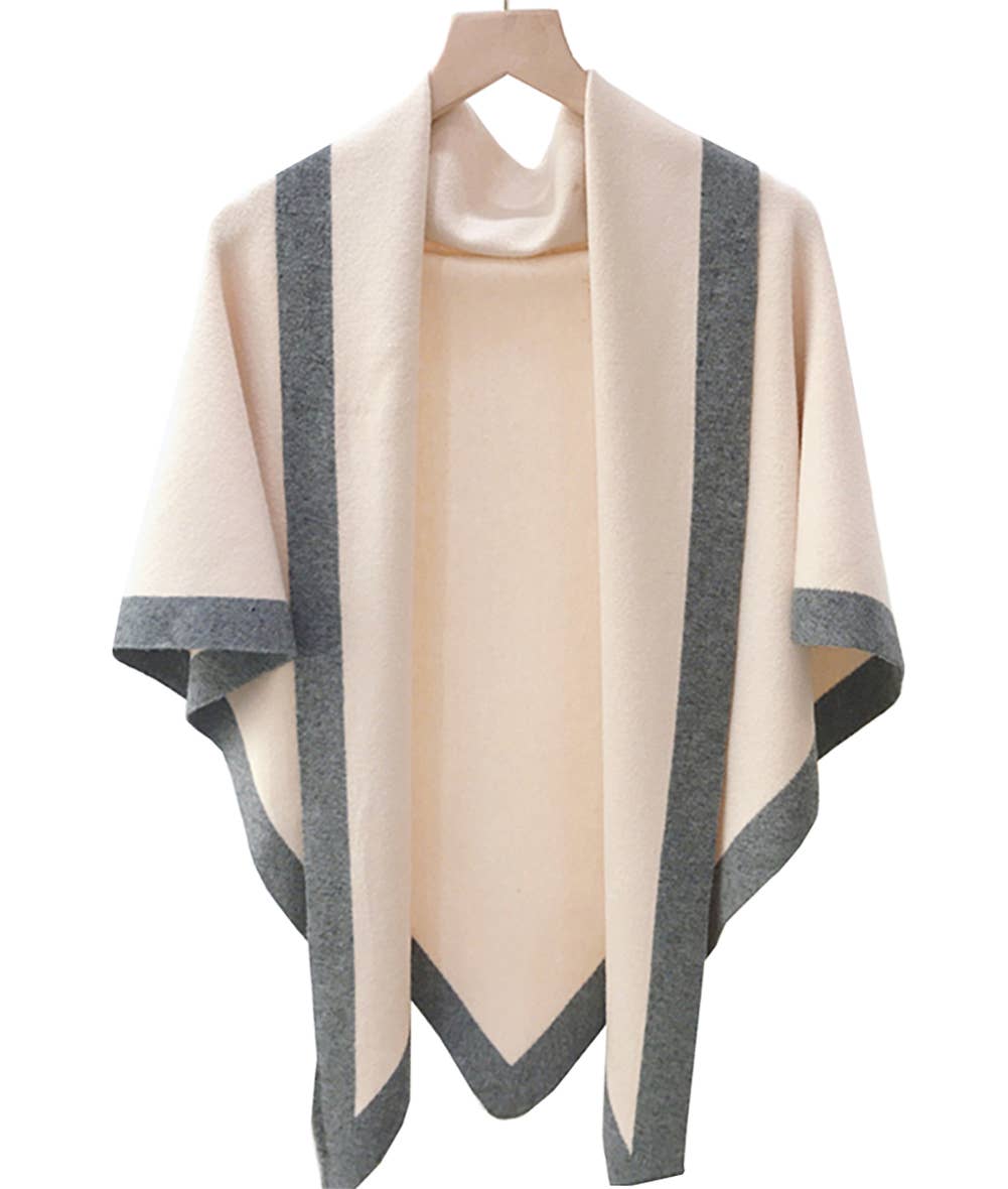 Contrast Border Knit Cashmere Blend Triangular Shawl Wrap: Coffee