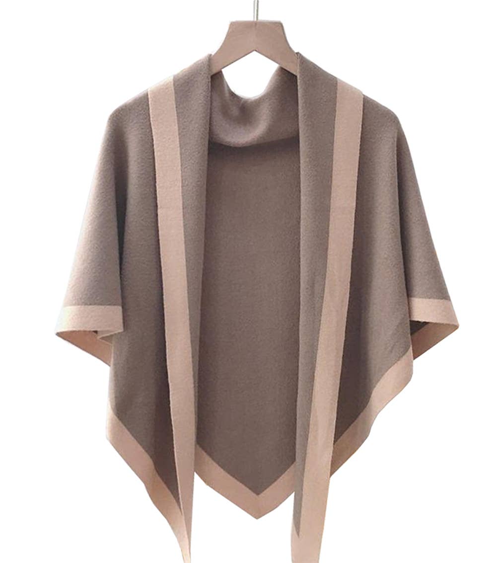Contrast Border Knit Cashmere Blend Triangular Shawl Wrap: Camel