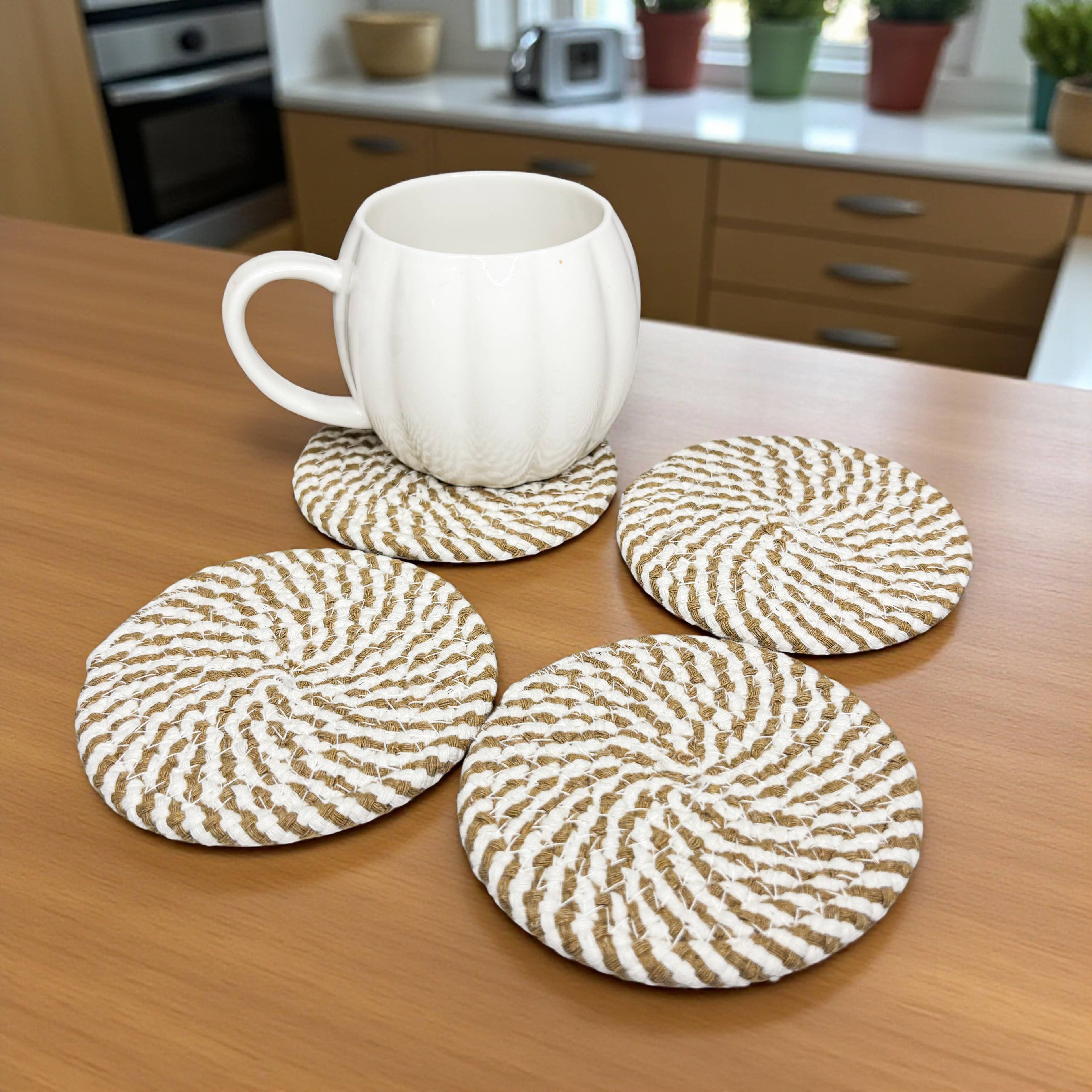 Coaster Sets Handmade, Braided Candy Cane Holiday Decor or Braided Rope Coaster Brown White Spiral 4pk ea