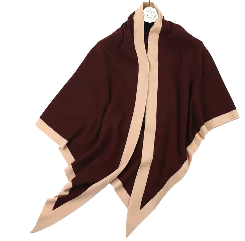 Contrast Border Knit Cashmere Blend Triangular Shawl Wrap: Coffee