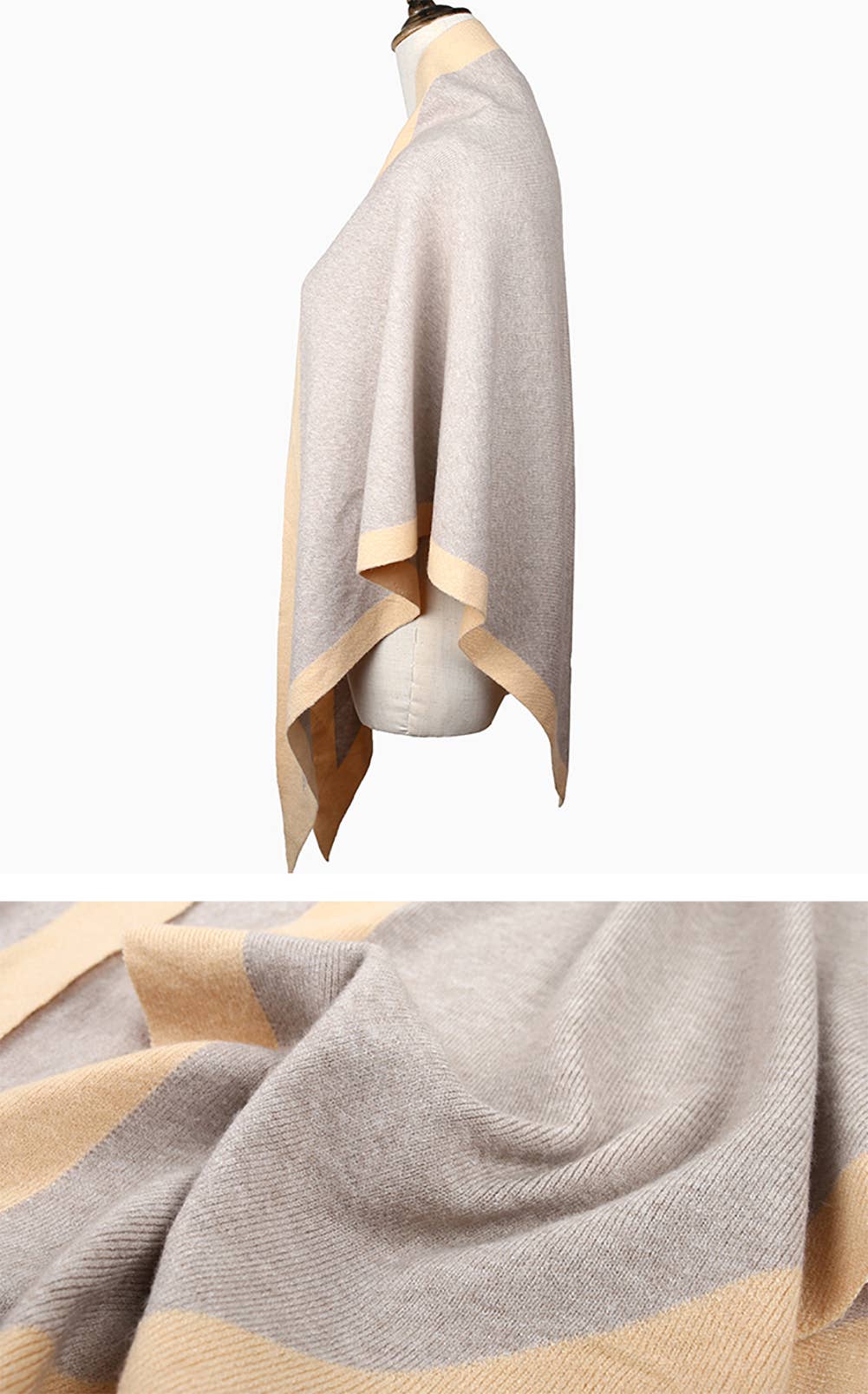 Contrast Border Knit Cashmere Blend Triangular Shawl Wrap: Camel