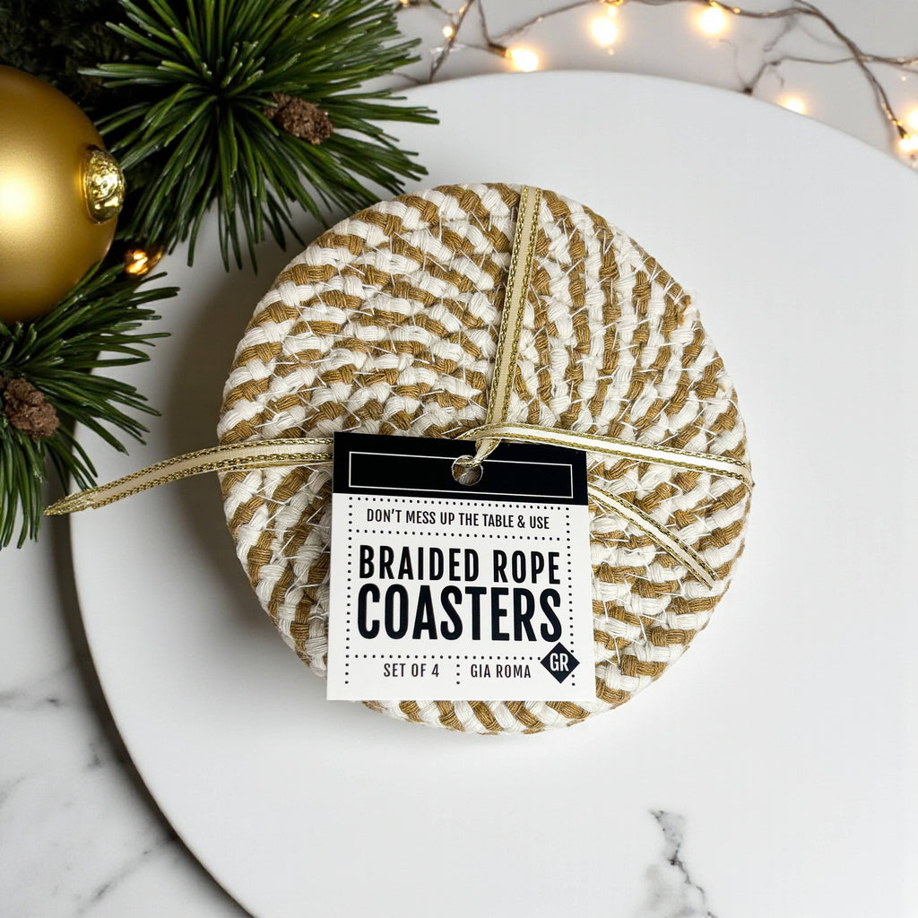 Coaster Sets Handmade, Braided Candy Cane Holiday Decor or Braided Rope Coaster Brown White Spiral 4pk ea