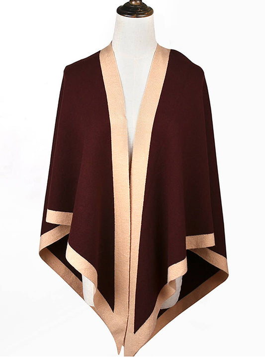 Contrast Border Knit Cashmere Blend Triangular Shawl Wrap: Coffee