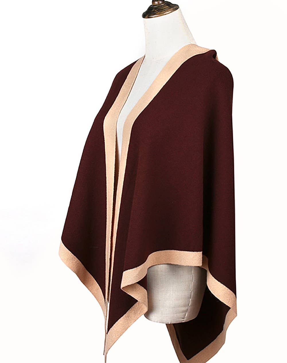 Contrast Border Knit Cashmere Blend Triangular Shawl Wrap: Camel