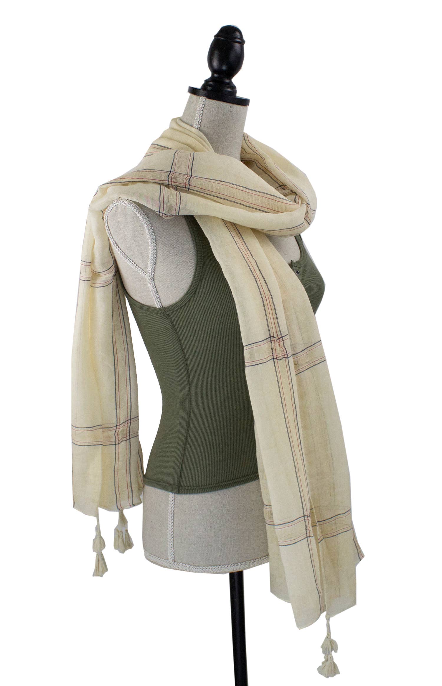 Plaid Garment Dye Cotton Wrap Scarf with Tassel: Ivory