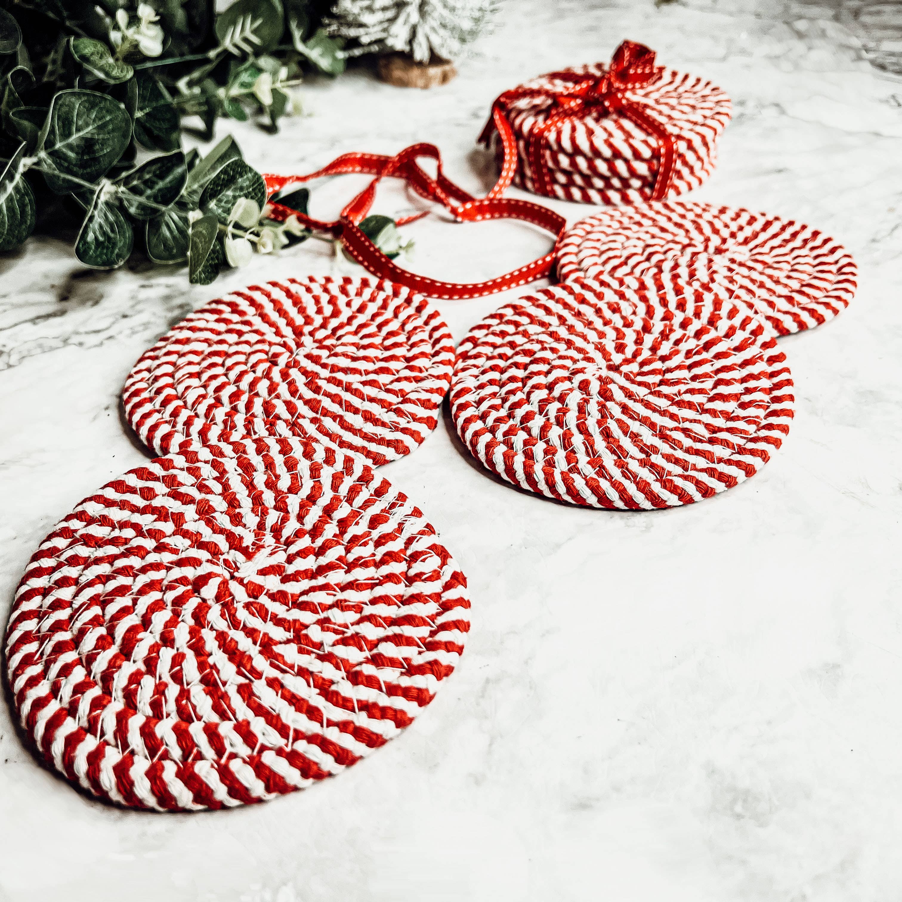 Coaster Sets Handmade, Braided Candy Cane Holiday Decor or Braided Rope Coaster Brown White Spiral 4pk ea