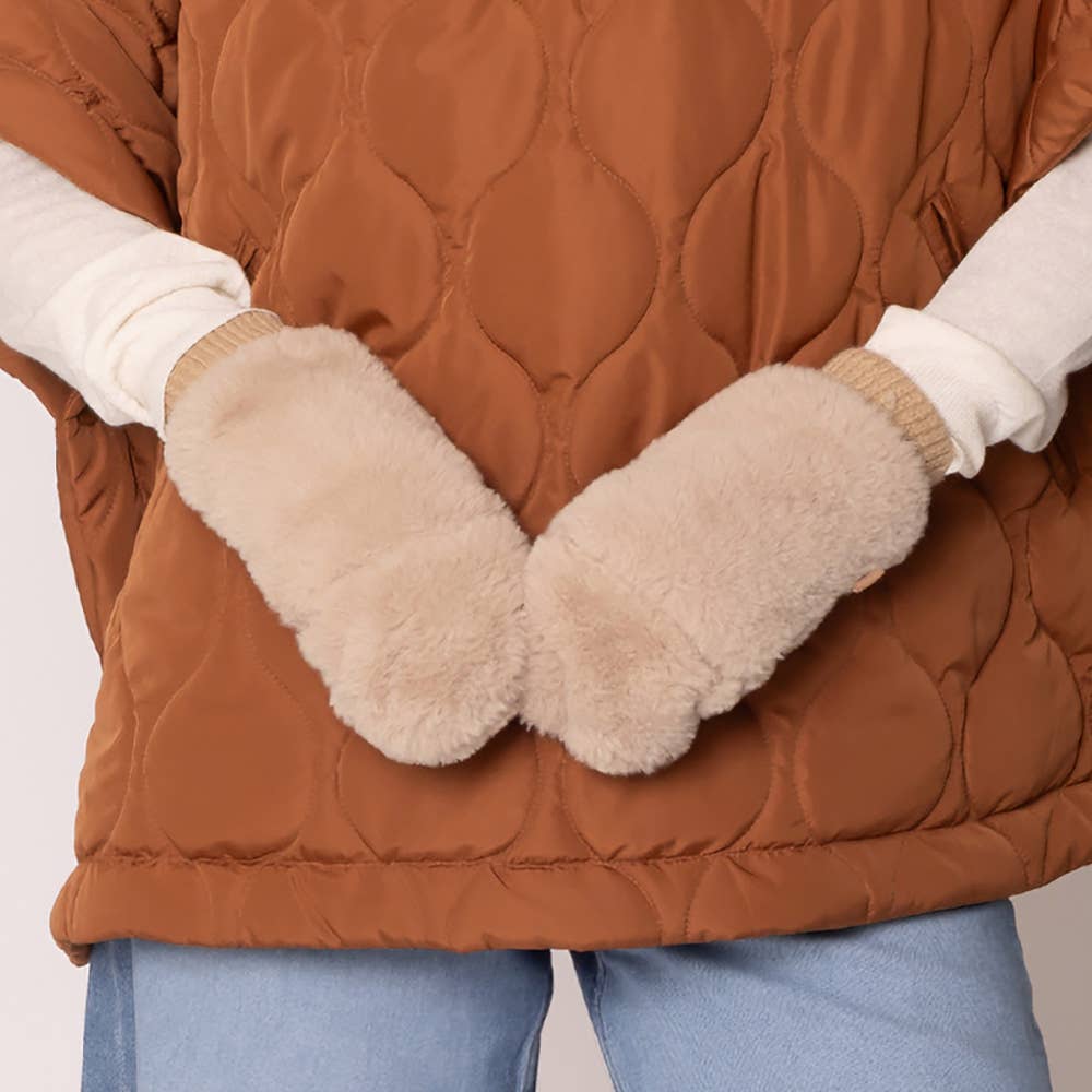 Solid Faux Fur Mitten Gloves: Camel