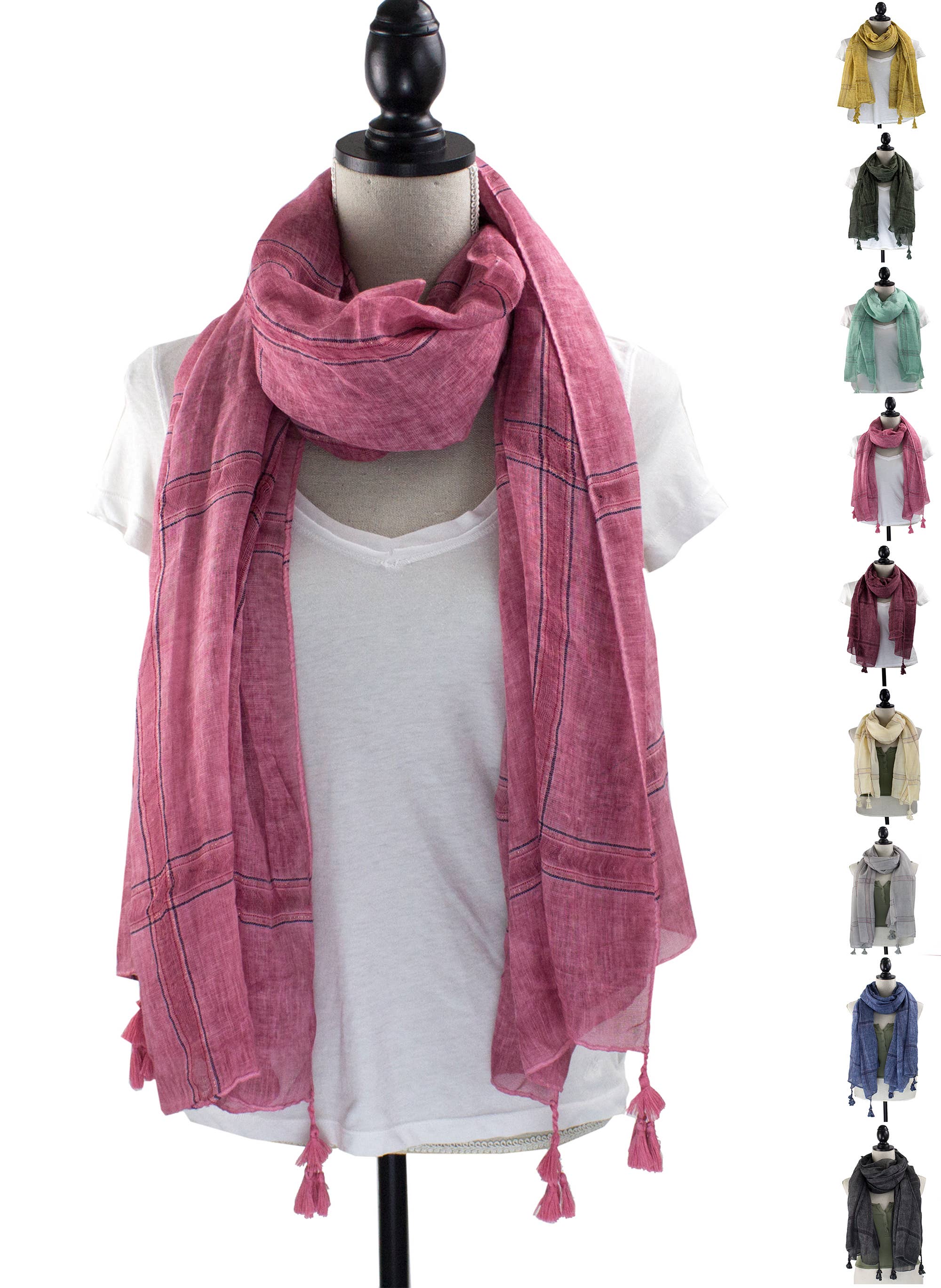 Plaid Garment Dye Cotton Wrap Scarf with Tassel: Ivory