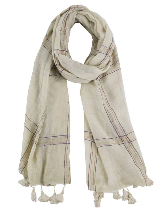 Plaid Garment Dye Cotton Wrap Scarf with Tassel: Ivory