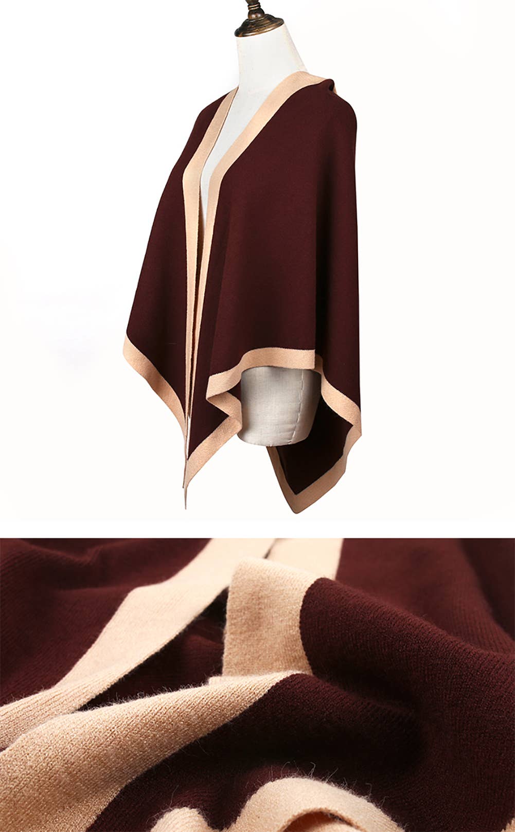 Contrast Border Knit Cashmere Blend Triangular Shawl Wrap: Camel