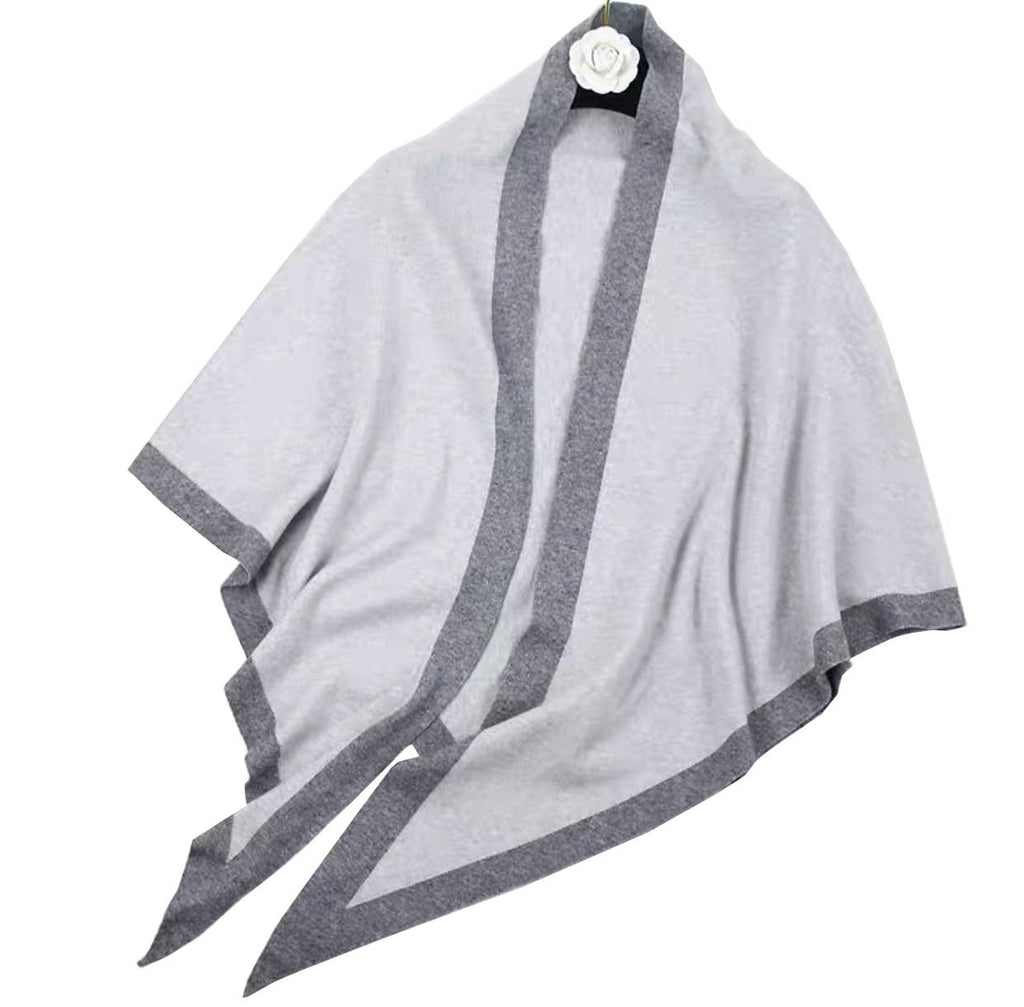 Contrast Border Knit Cashmere Blend Triangular Shawl Wrap: Coffee