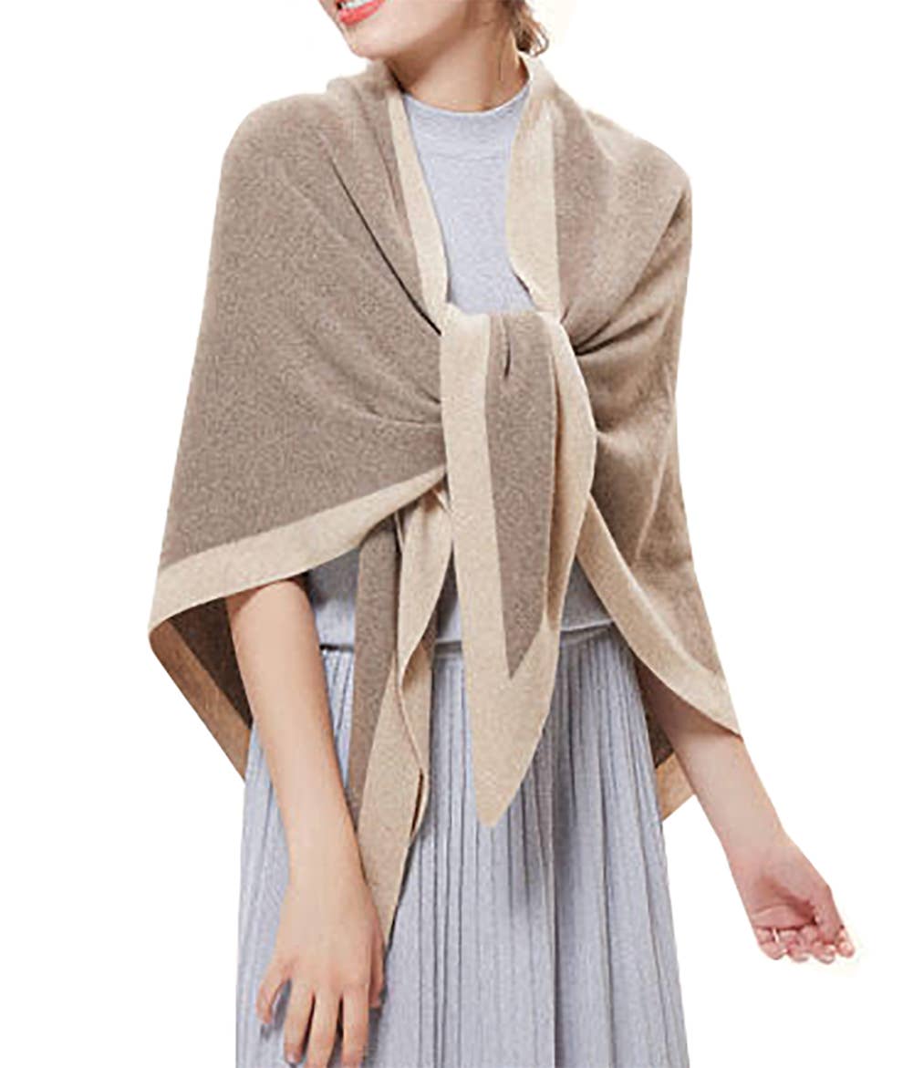 Contrast Border Knit Cashmere Blend Triangular Shawl Wrap: Coffee