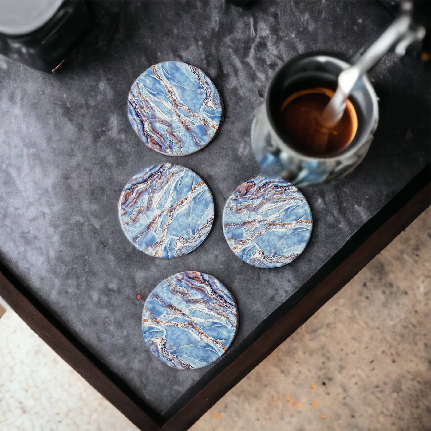 Blue Ceramic Coasters, Watercolor & Marble Like Coasters