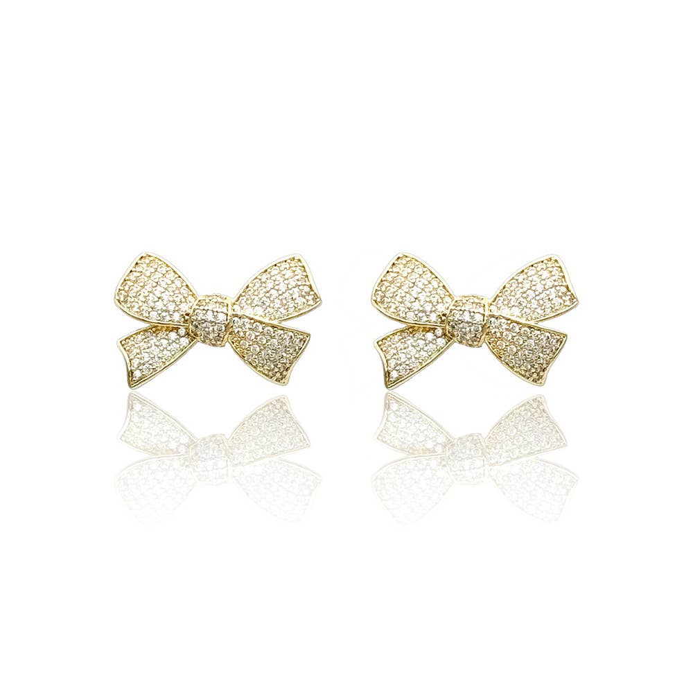 Gold Dipped CZ Stone Paved Bow Stud Earrings: Yellow Gold