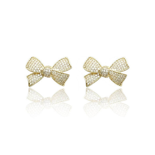 Gold Dipped CZ Stone Paved Bow Stud Earrings: Yellow Gold