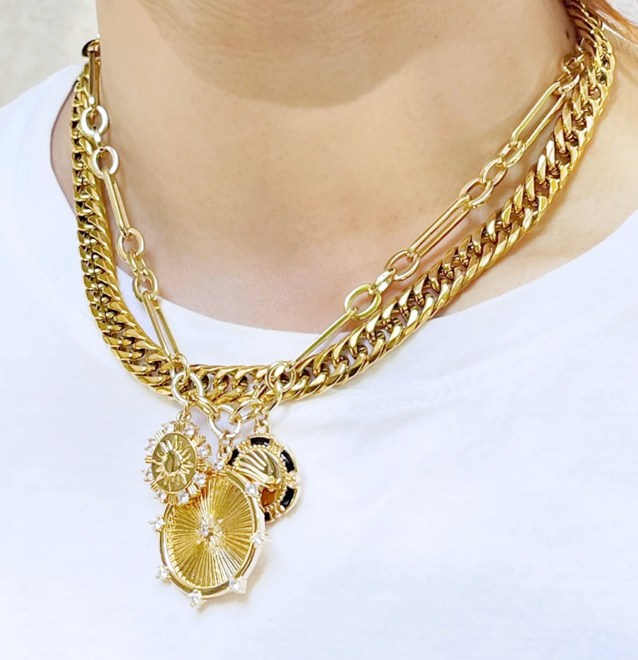 8 Point Wheel Medallion & Sun Charm Lariat Coin Necklace 