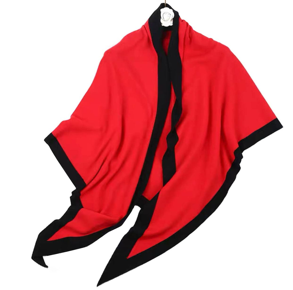 Contrast Border Knit Cashmere Blend Triangular Shawl Wrap: Camel