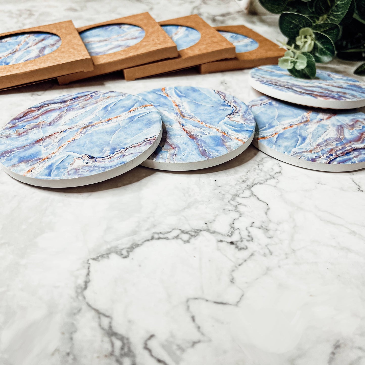 Blue Ceramic Coasters, Watercolor & Marble Like Coasters