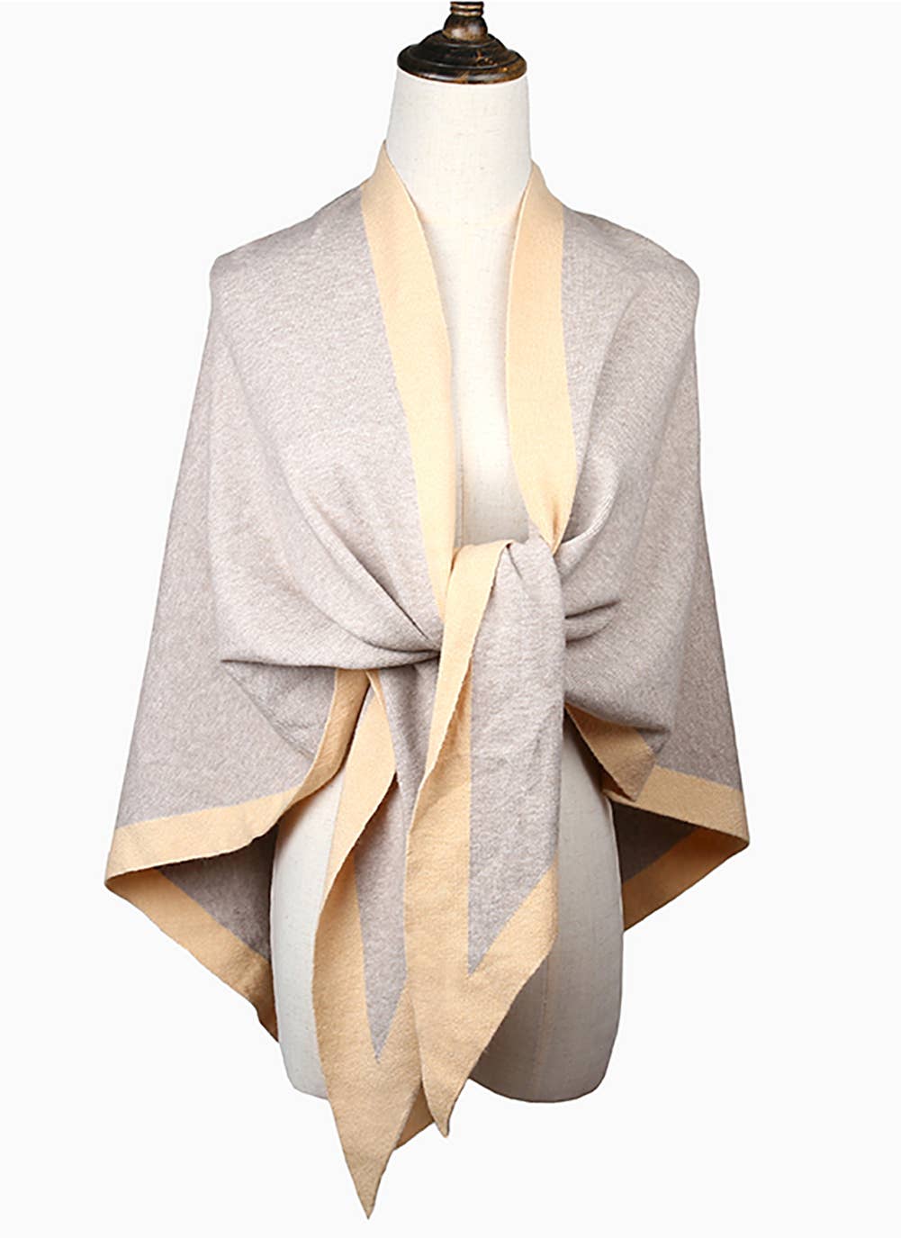 Contrast Border Knit Cashmere Blend Triangular Shawl Wrap: Coffee