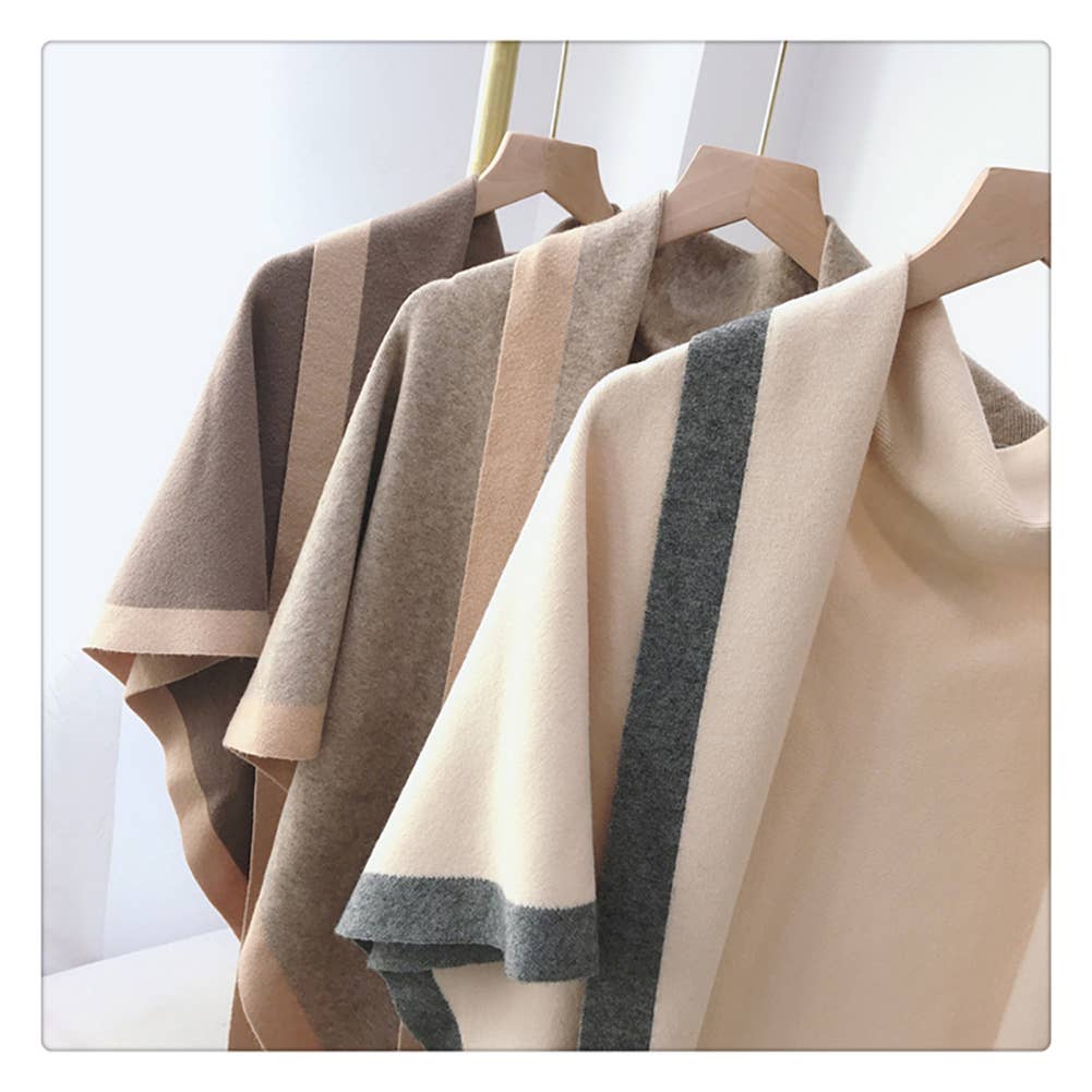 Contrast Border Knit Cashmere Blend Triangular Shawl Wrap: Coffee