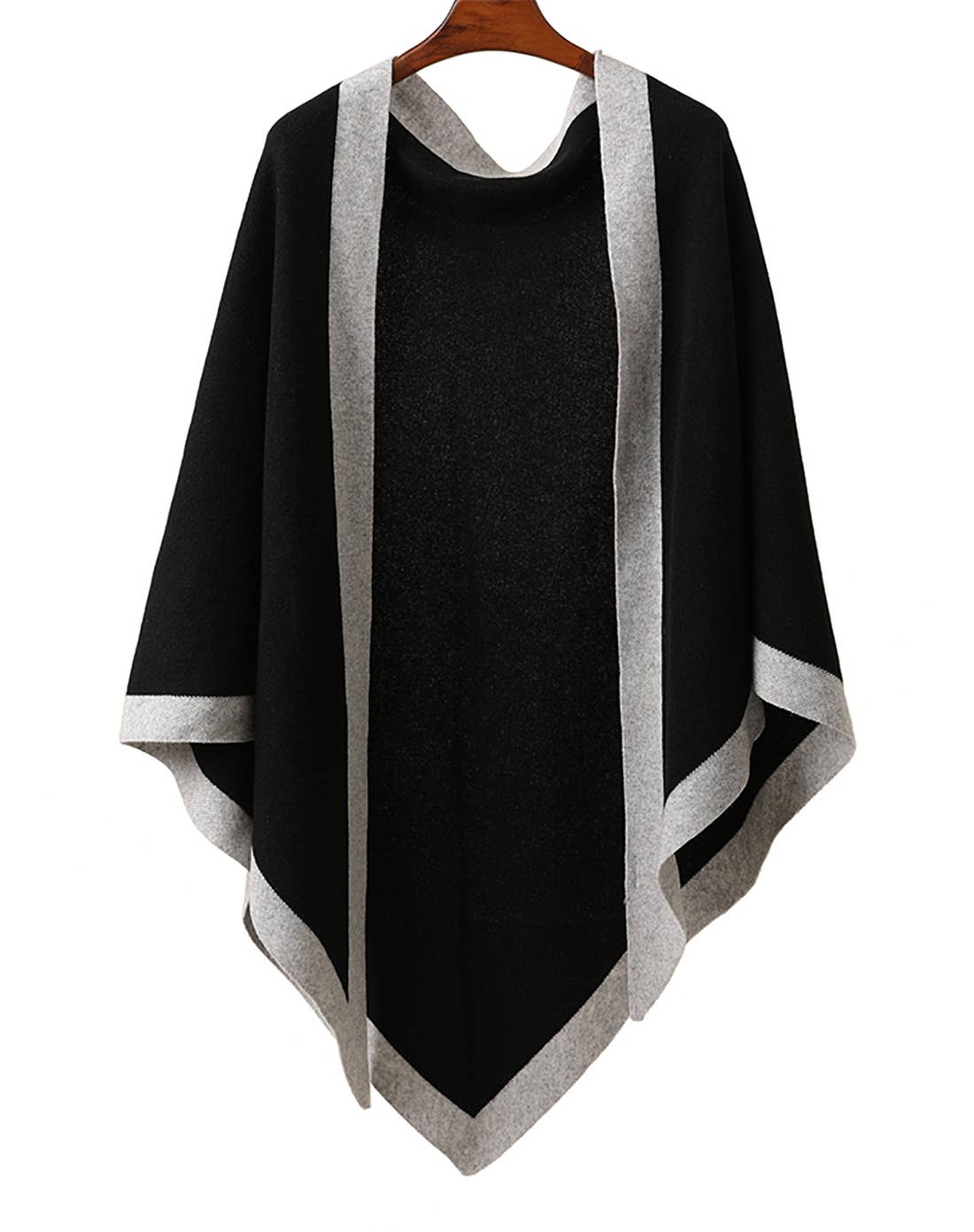 Contrast Border Knit Cashmere Blend Triangular Shawl Wrap: Black