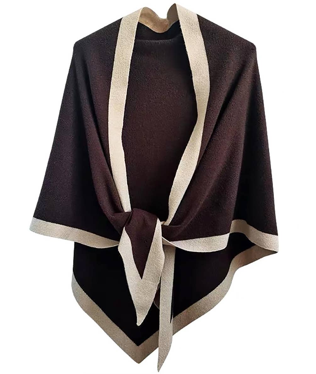 Contrast Border Knit Cashmere Blend Triangular Shawl Wrap: Camel