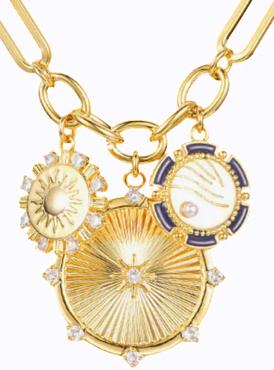 8 Point Wheel Medallion & Sun Charm Lariat Coin Necklace 