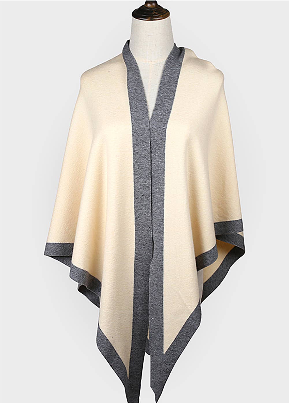 Contrast Border Knit Cashmere Blend Triangular Shawl Wrap: Black