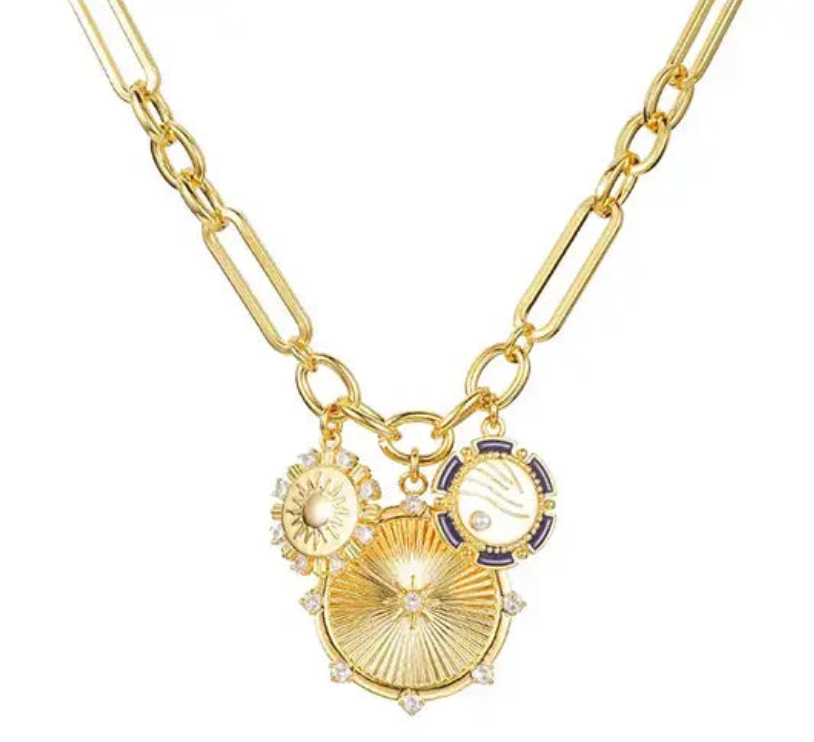8 Point Wheel Medallion & Sun Charm Lariat Coin Necklace 