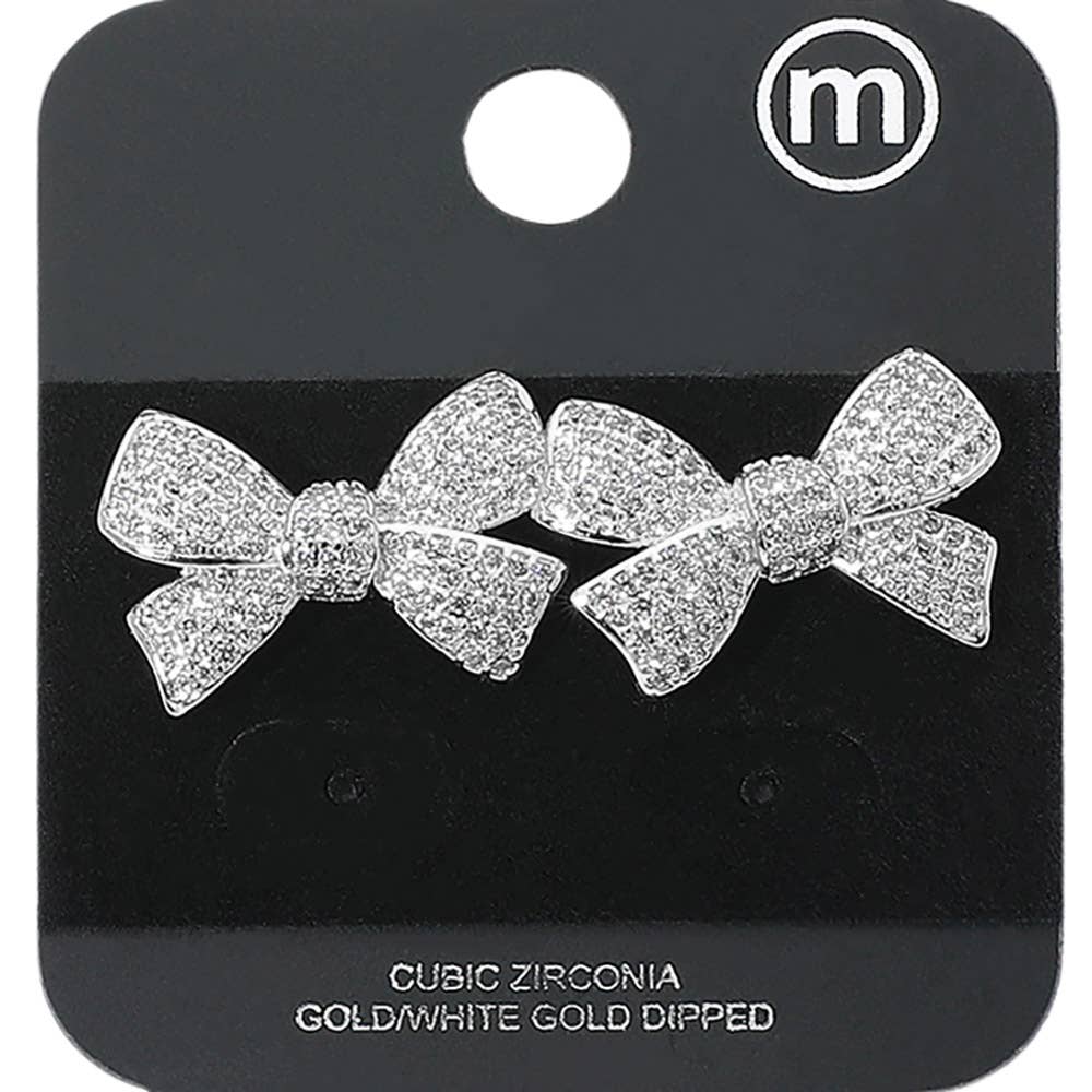 Gold Dipped CZ Stone Paved Bow Stud Earrings: Yellow Gold