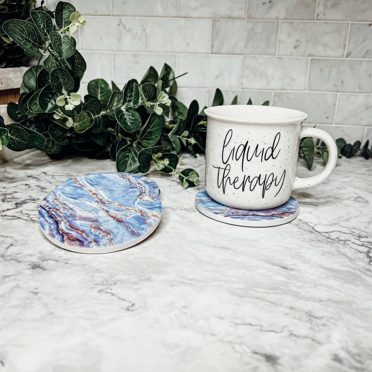Blue Ceramic Coasters, Watercolor & Marble Like Coasters