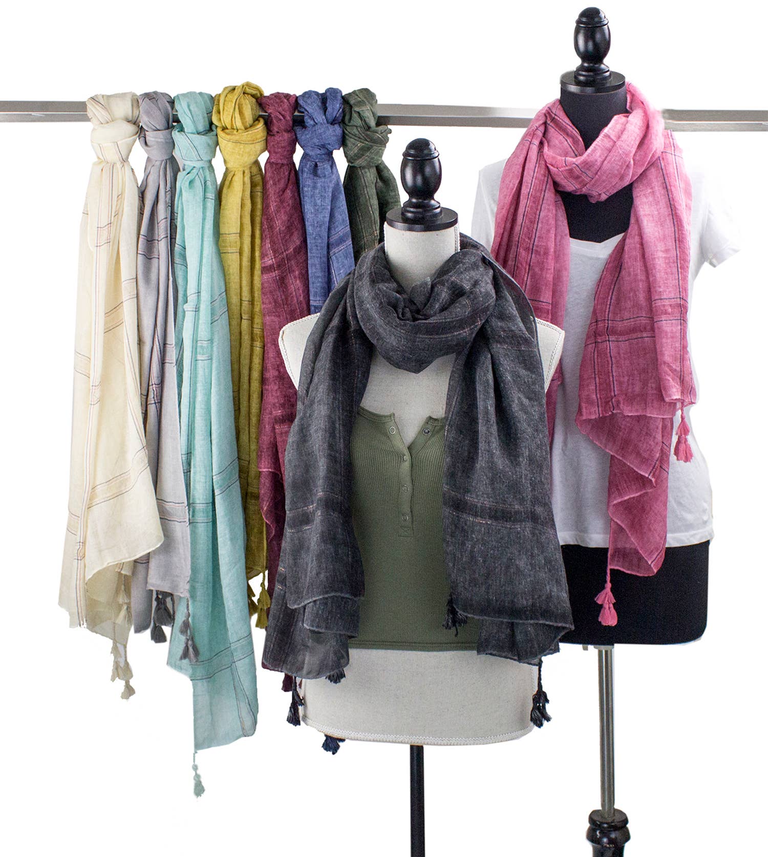 Plaid Garment Dye Cotton Wrap Scarf with Tassel: Ivory