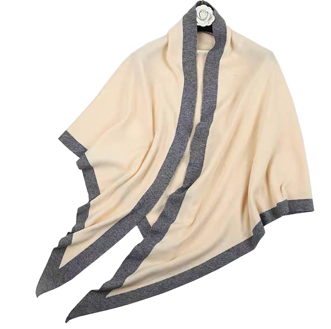 Contrast Border Knit Cashmere Blend Triangular Shawl Wrap: Black