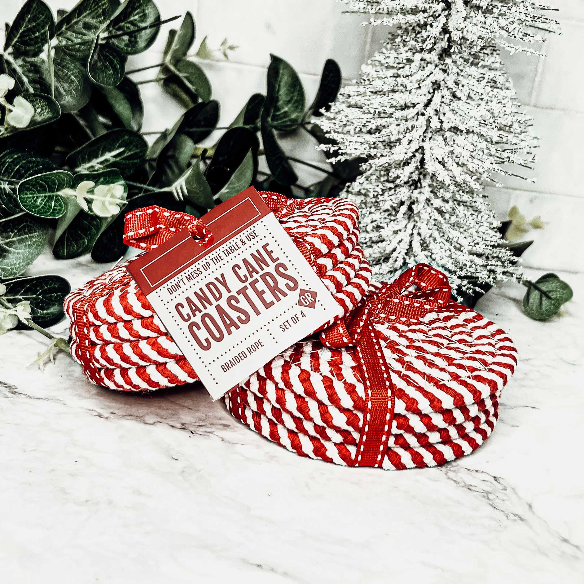 Coaster Sets Handmade, Braided Candy Cane Holiday Decor or Braided Rope Coaster Brown White Spiral 4pk ea