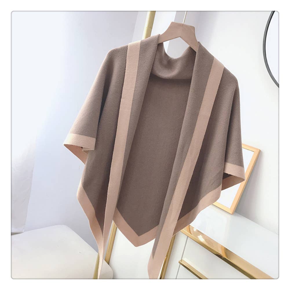 Contrast Border Knit Cashmere Blend Triangular Shawl Wrap: Camel