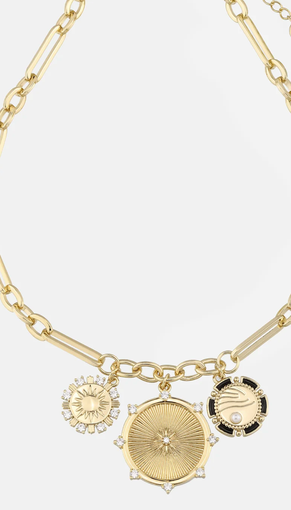 8 Point Wheel Medallion & Sun Charm Lariat Coin Necklace 