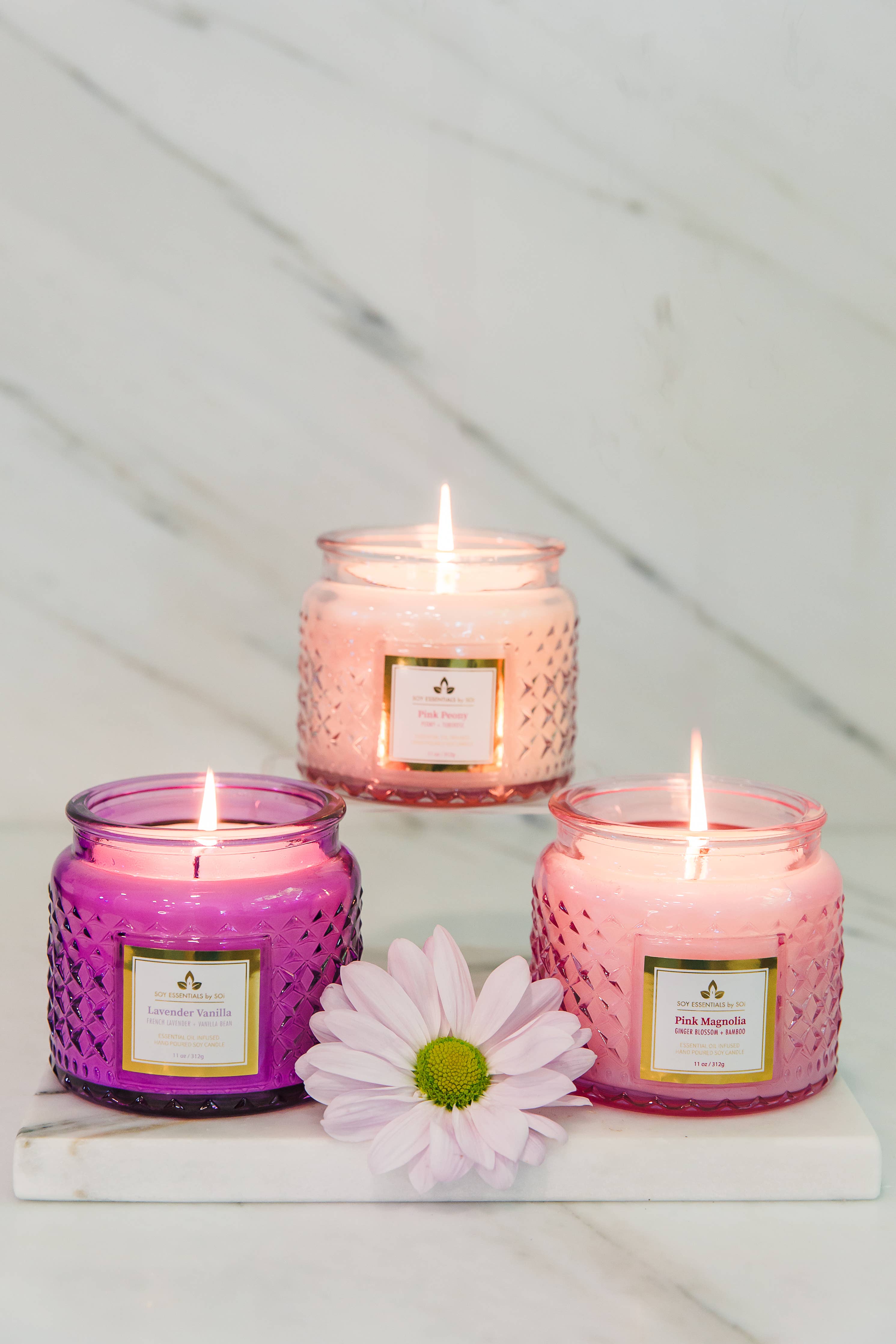 Pink Magnolia 11oz Faceted Glass Jar Soy Candle