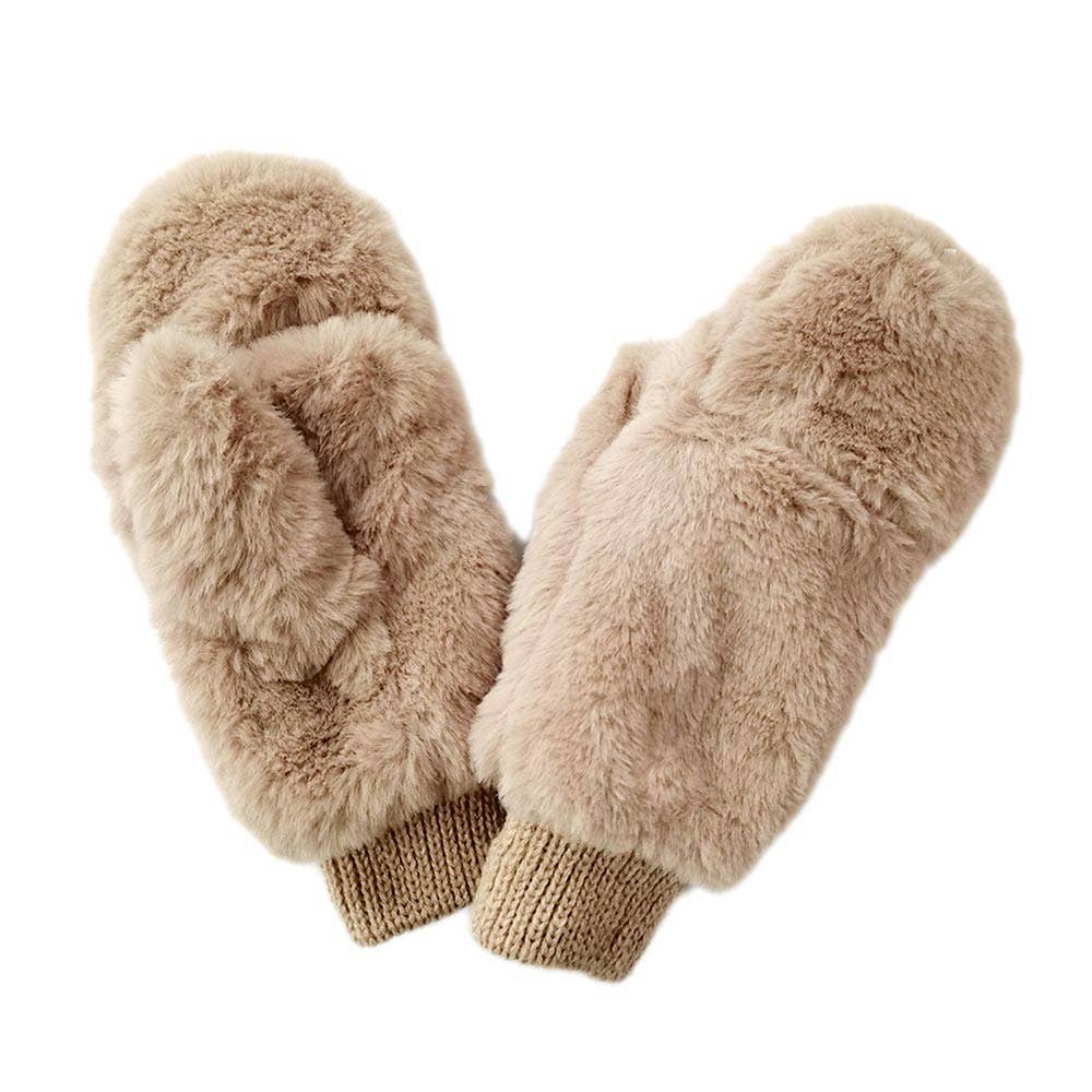 Solid Faux Fur Mitten Gloves: Camel