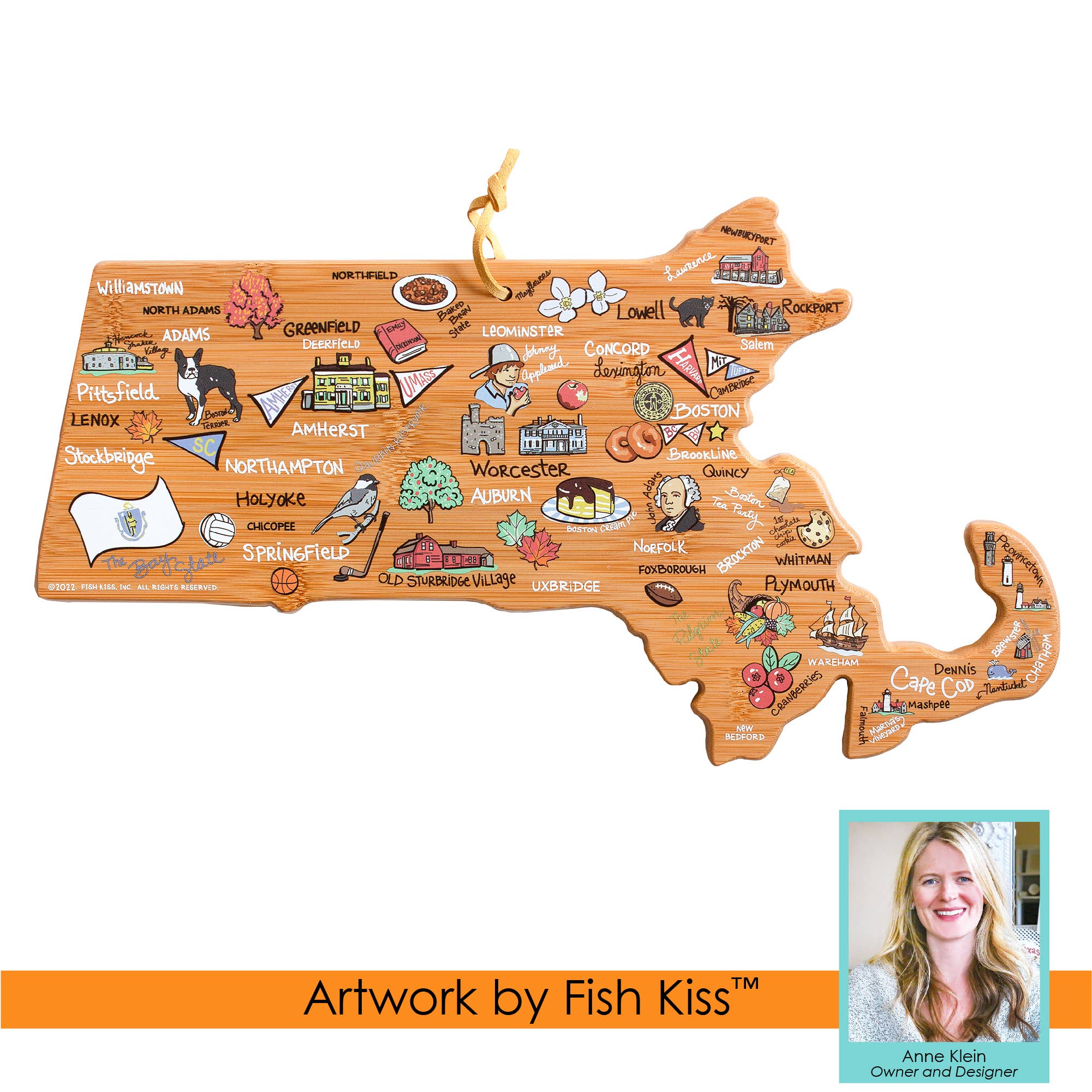 Massachusetts Cutting Board with Artwork by Fish Kiss™