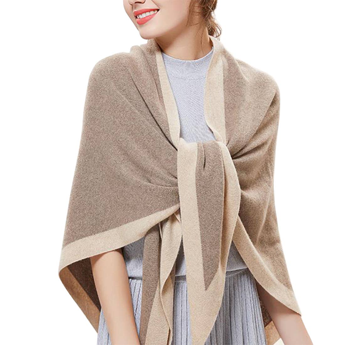 Contrast Border Knit Cashmere Blend Triangular Shawl Wrap: Camel
